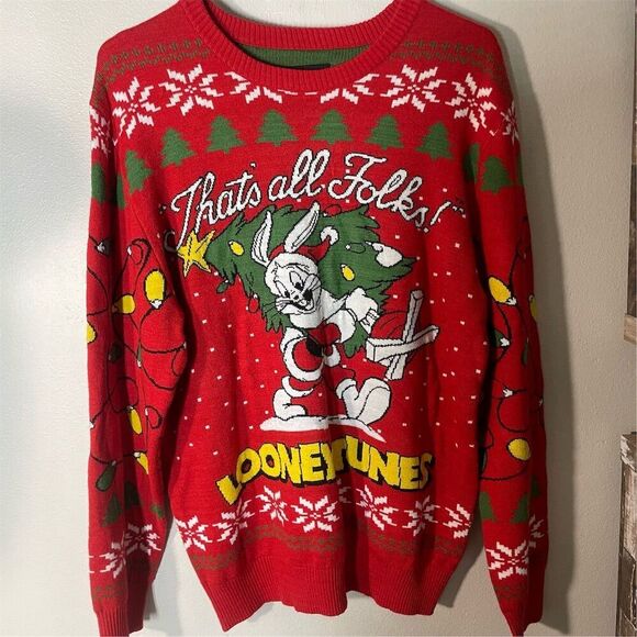 Looney Tunes Bugs Bunny Christmas Sweater Unisex L Red Pullover Holiday Wear - Picture 2 of 7